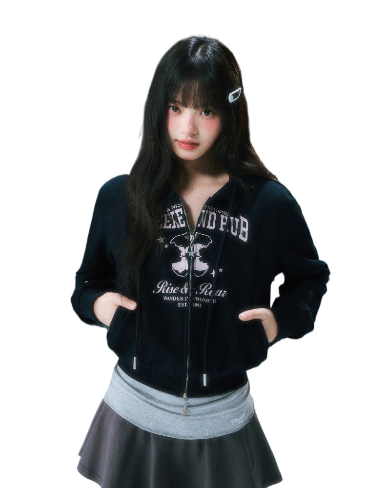 Navy Blue Retro Printed Cropped Hooded Sweatshirt