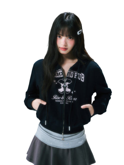 Navy Blue Retro Printed Cropped Hooded Sweatshirt