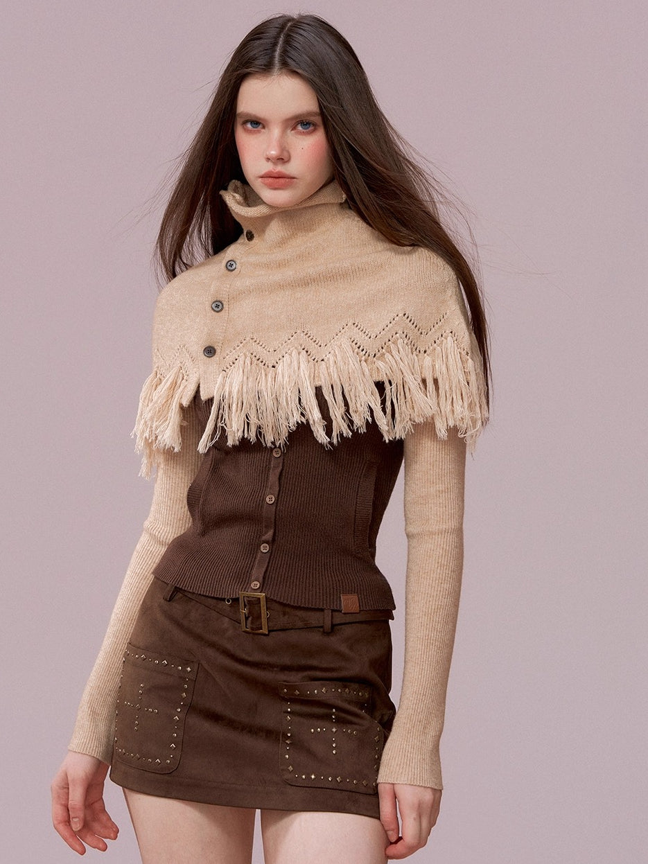 Color-Block High Neck Knit Top &amp; Fringe Cape Set