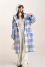 Blue Check Hooded Wool Coat