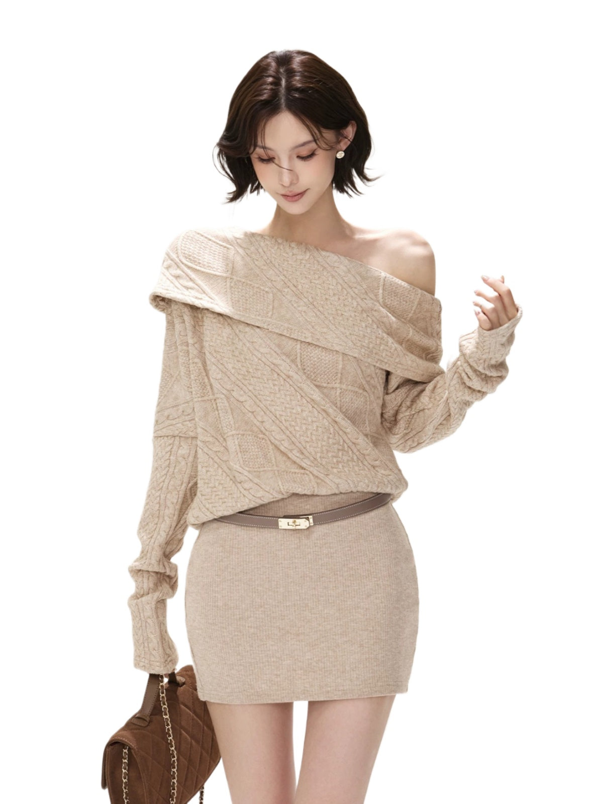 Asymmetric Fur Trim Cable Knit Dress