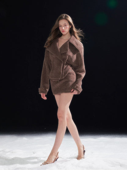 Shearling Collar Waist-Cinching Coat &amp; Wool Skirt Set