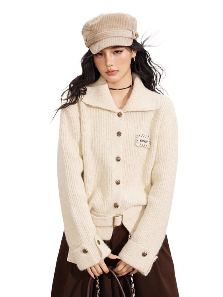 Collared Belted Knit Cardigan