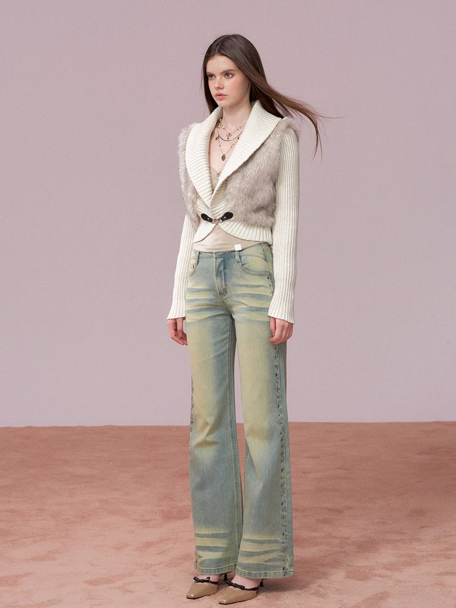 Faux Fur Panel Knitted Short Jacket