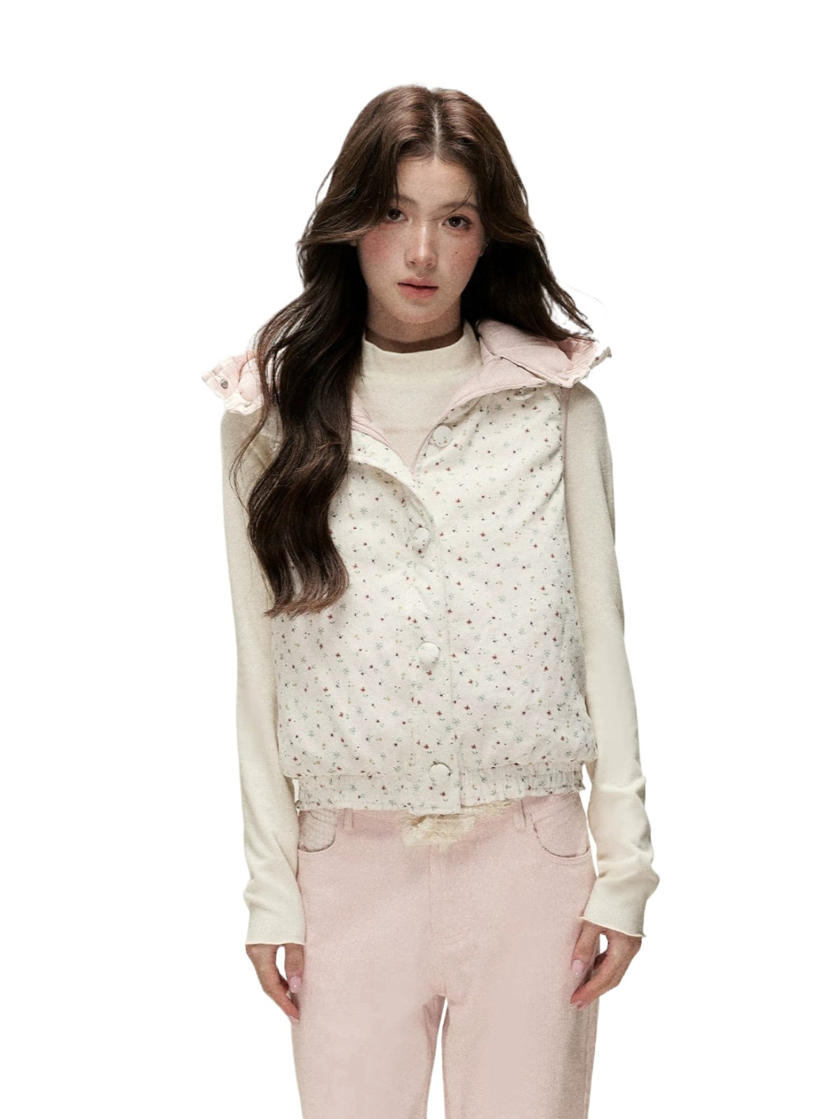 Reversible Floral Detachable Hood Down Vest