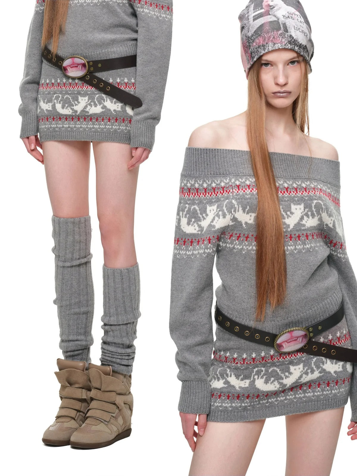 Fair Isle Jacquard Knit Cardigan &amp; Skirt Set