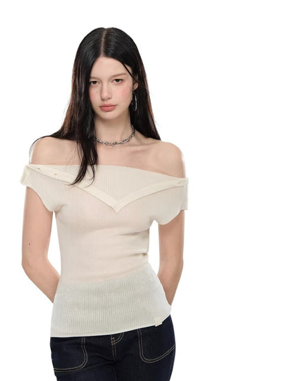 Layered Collar Off-Shoulder Knit Top
