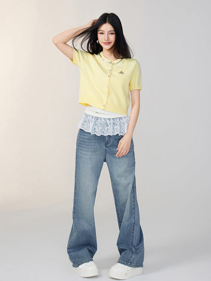 Rhinestone Button Knitted Short-Sleeve Cardigan