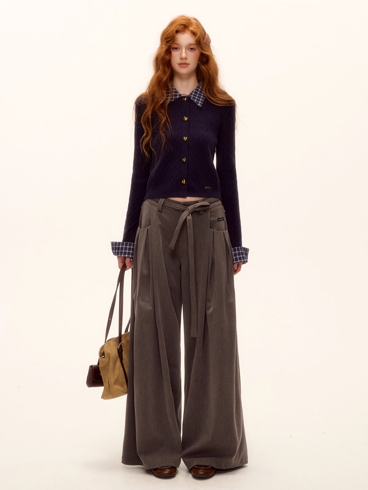 Plaid-Collar Cable Knit Top