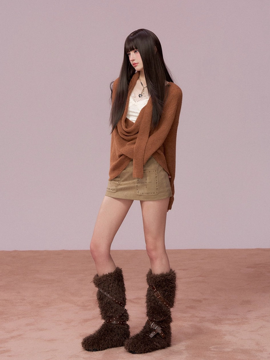 Shiny Design Cowl Neck Wool Knit Sweater