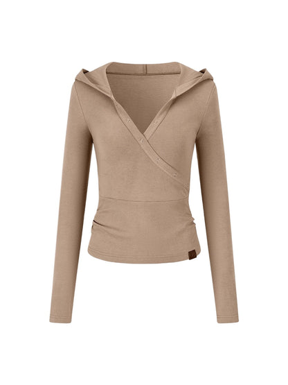 Cross Neck Hooded Slim-Fit Knit Top