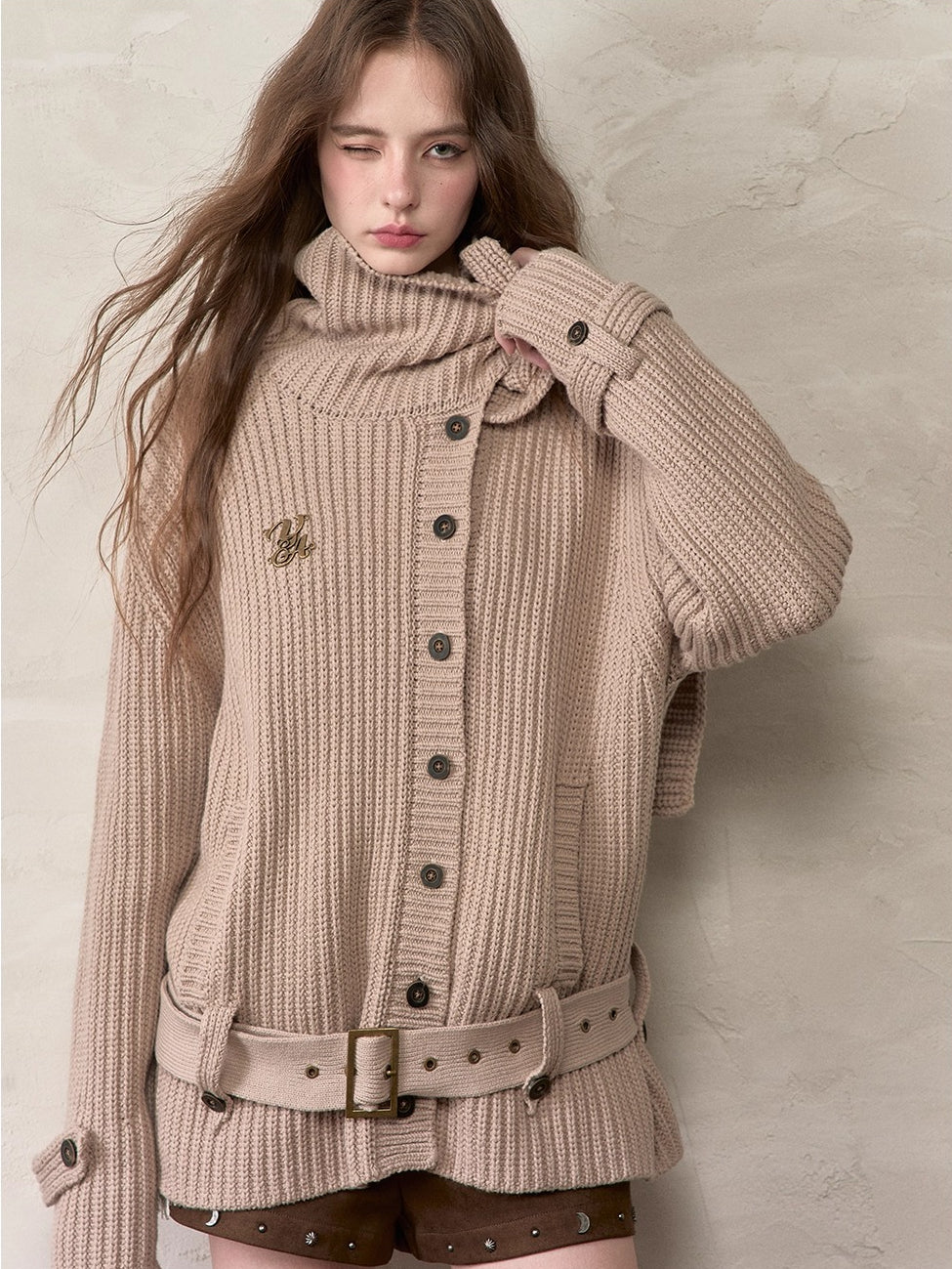 Oatmeal Scarfed Knit Sweater