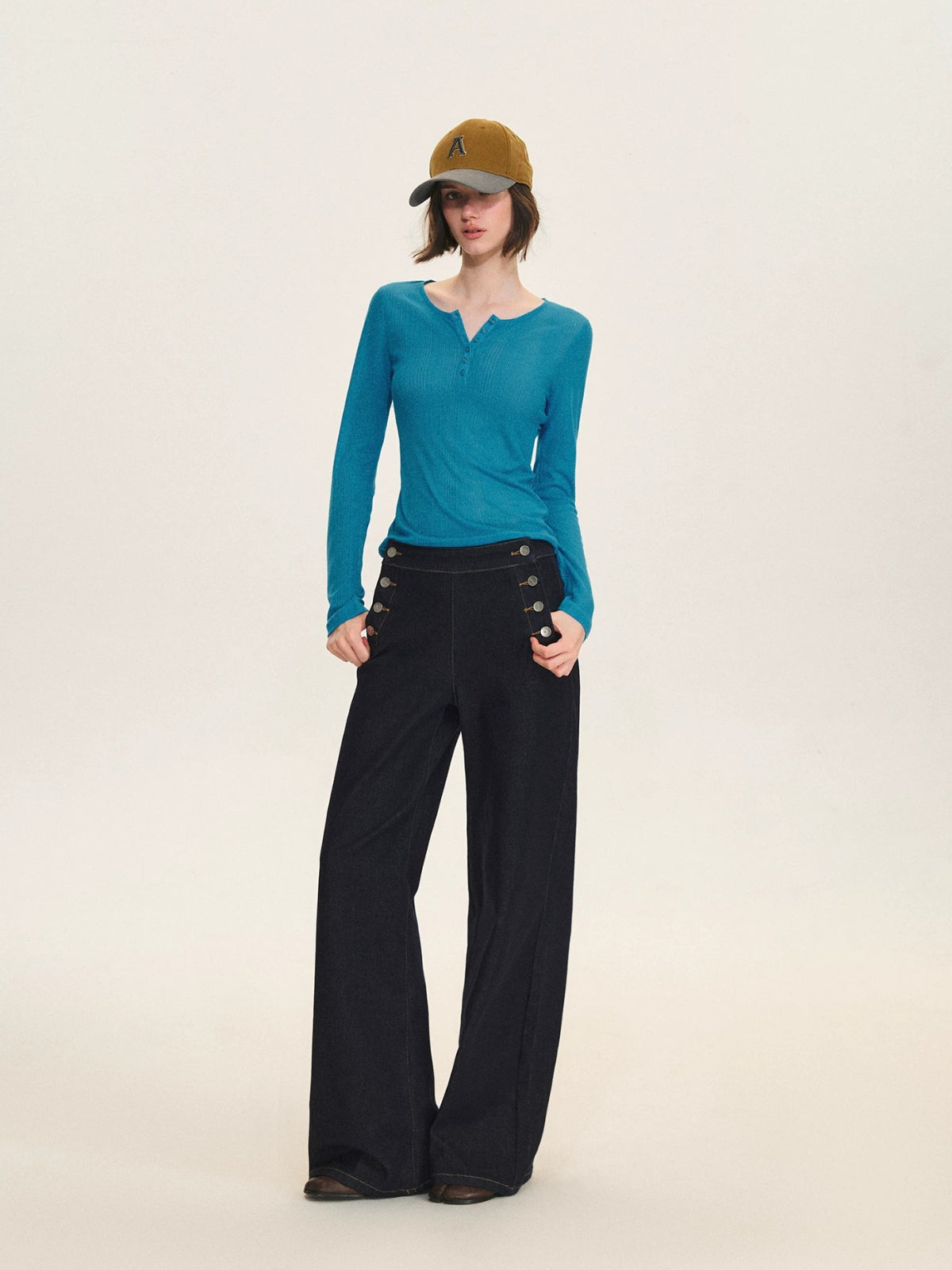 Ribbed Henley Long Sleeve Top