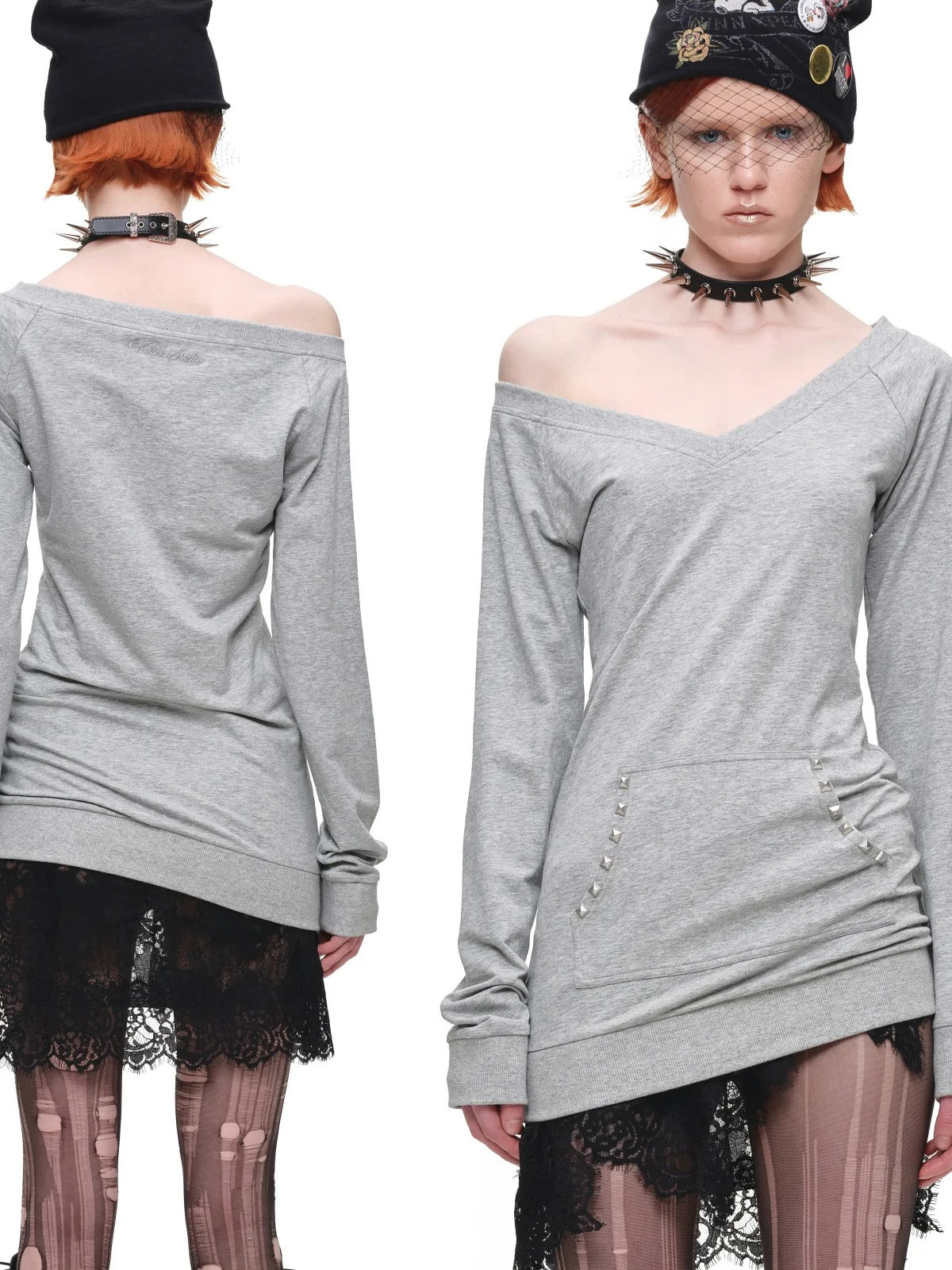 V-Neck Studded Slim Sweatshirt