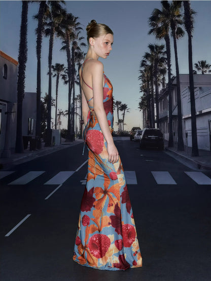 Tropical Backless Tie Maxi Dress