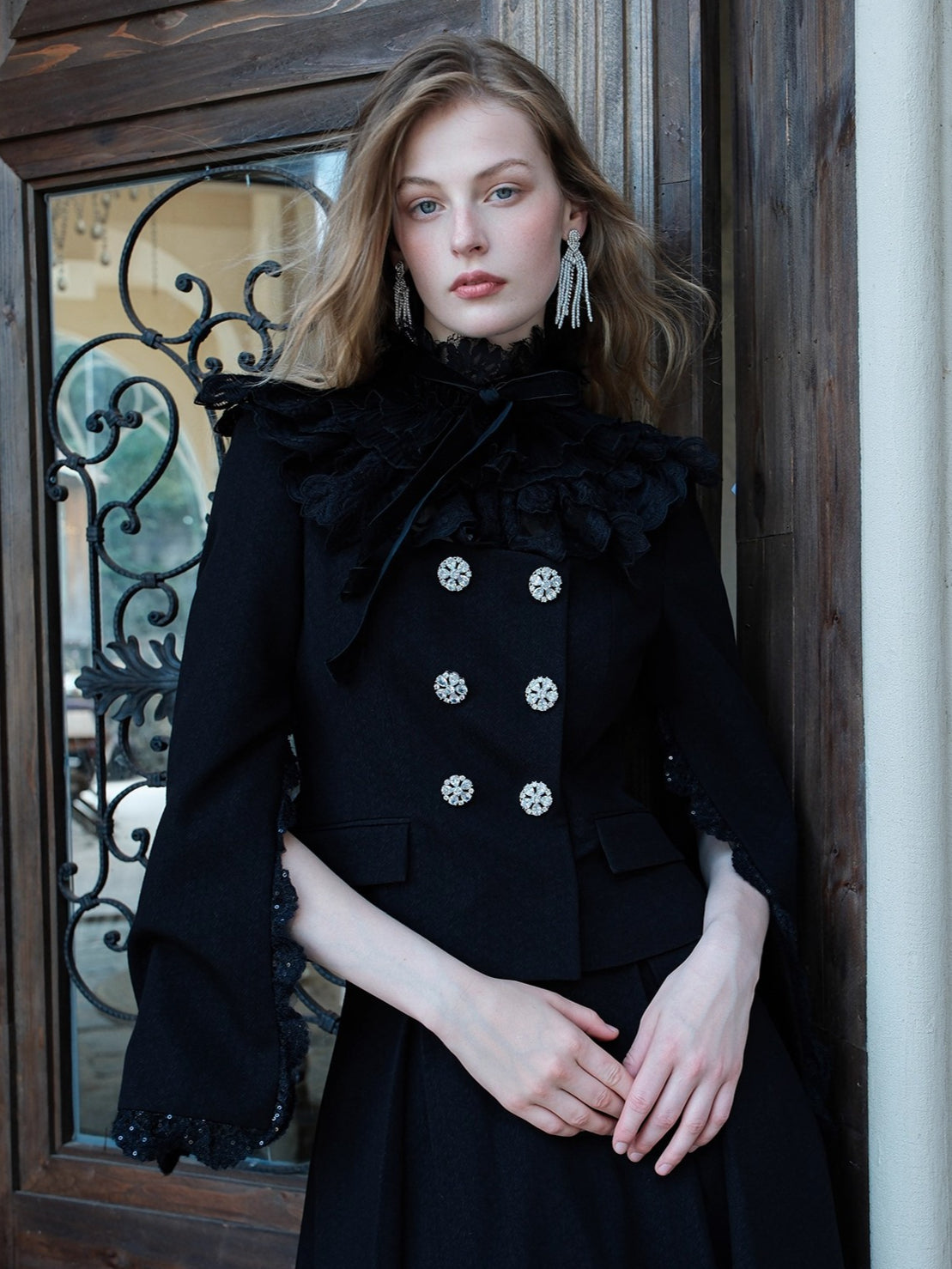 Mirage Vintage Lace-Collar Blazer &amp; Flared Skirt Set