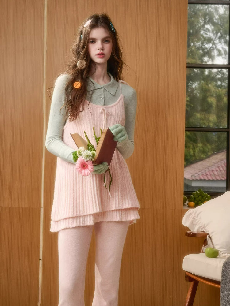 Bow Strap Knit Cami Lace &amp; Pants Set
