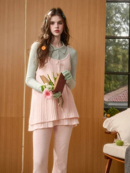Bow Strap Knit Cami Lace &amp; Pants Set