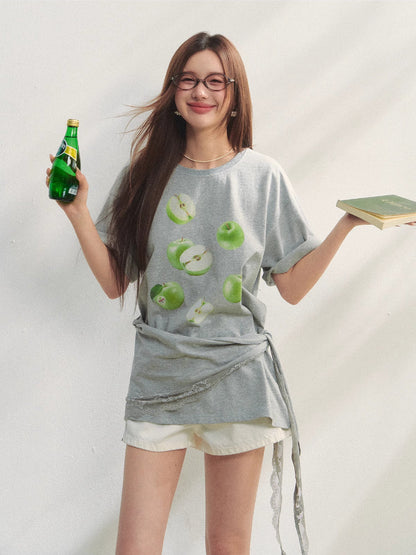 Fruit Print Lace-Trimmed Tie-Up T-shirt