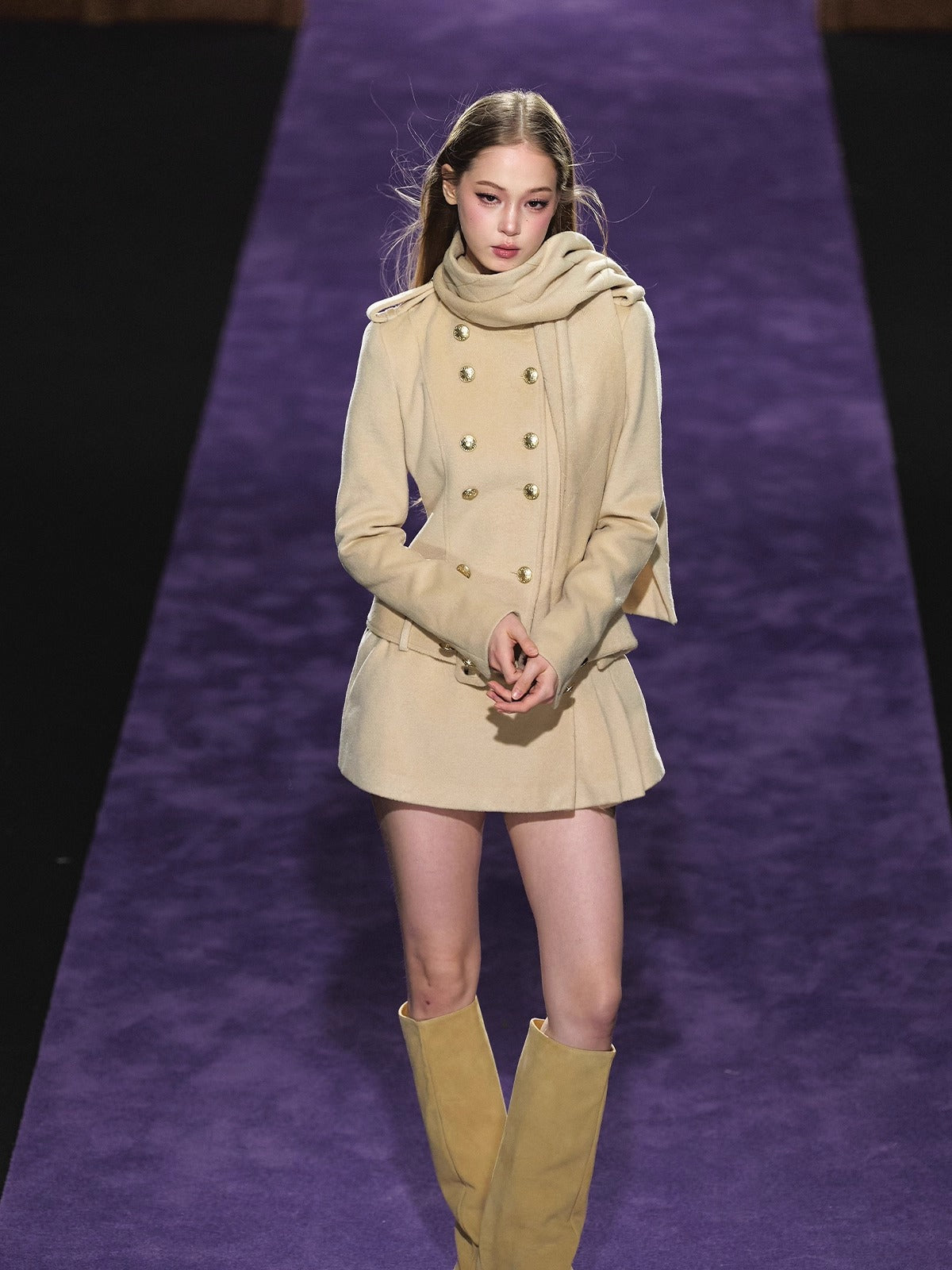 Wool Scarf-Collar Double-Breasted Dress