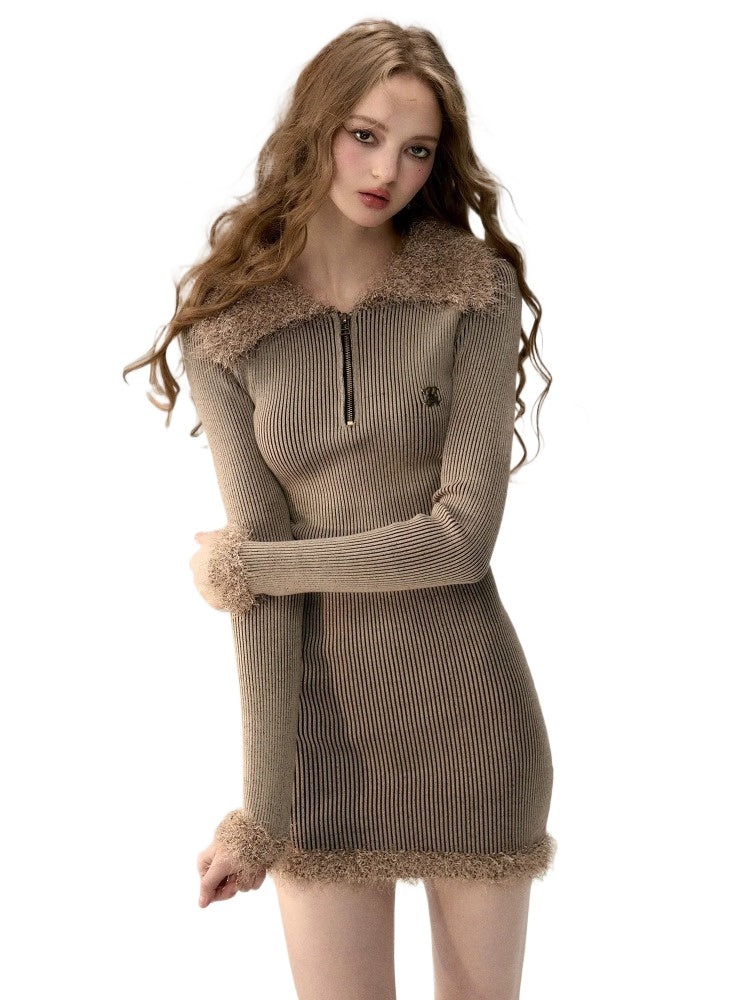 Khaki Collar Knit Mini Dress