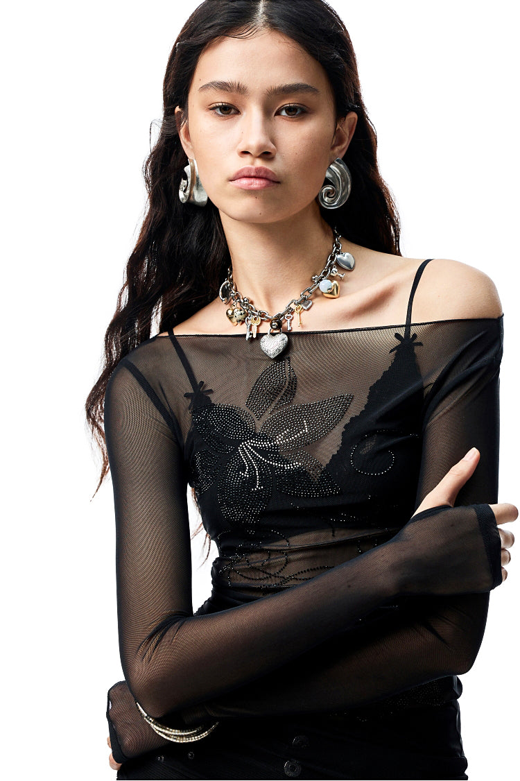 Floral Rhinestone Off-the-Shoulder Cover-Up