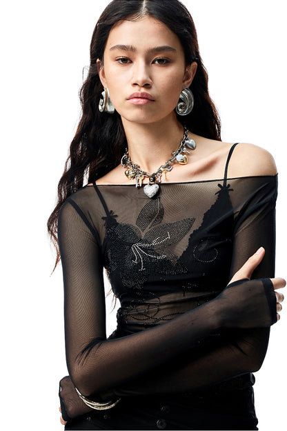 Floral Rhinestone Off-the-Shoulder Cover-Up