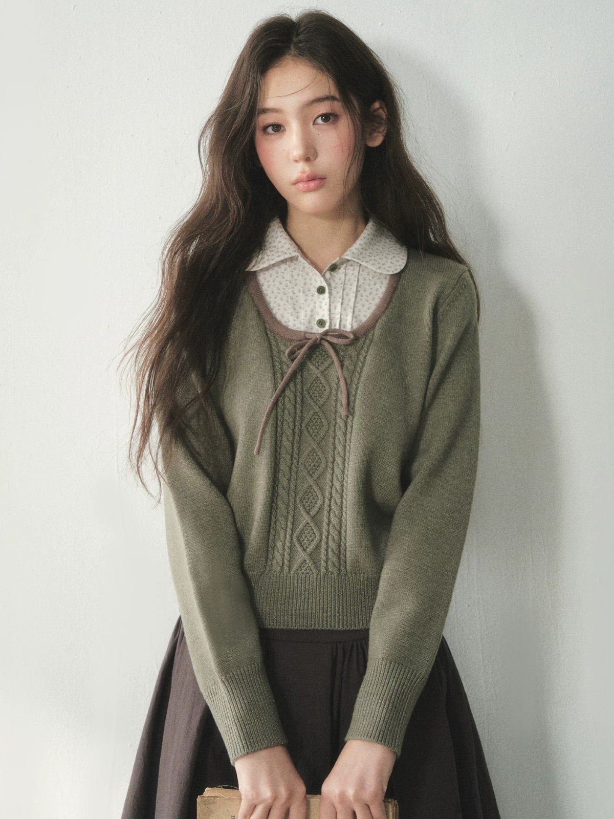 Floral Collar Bow Cable Knit Sweater
