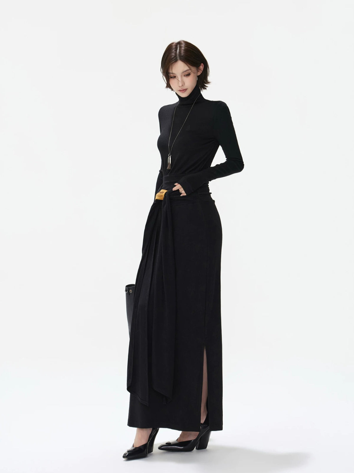 Turtleneck Tie Waist Knitted Maxi Dress