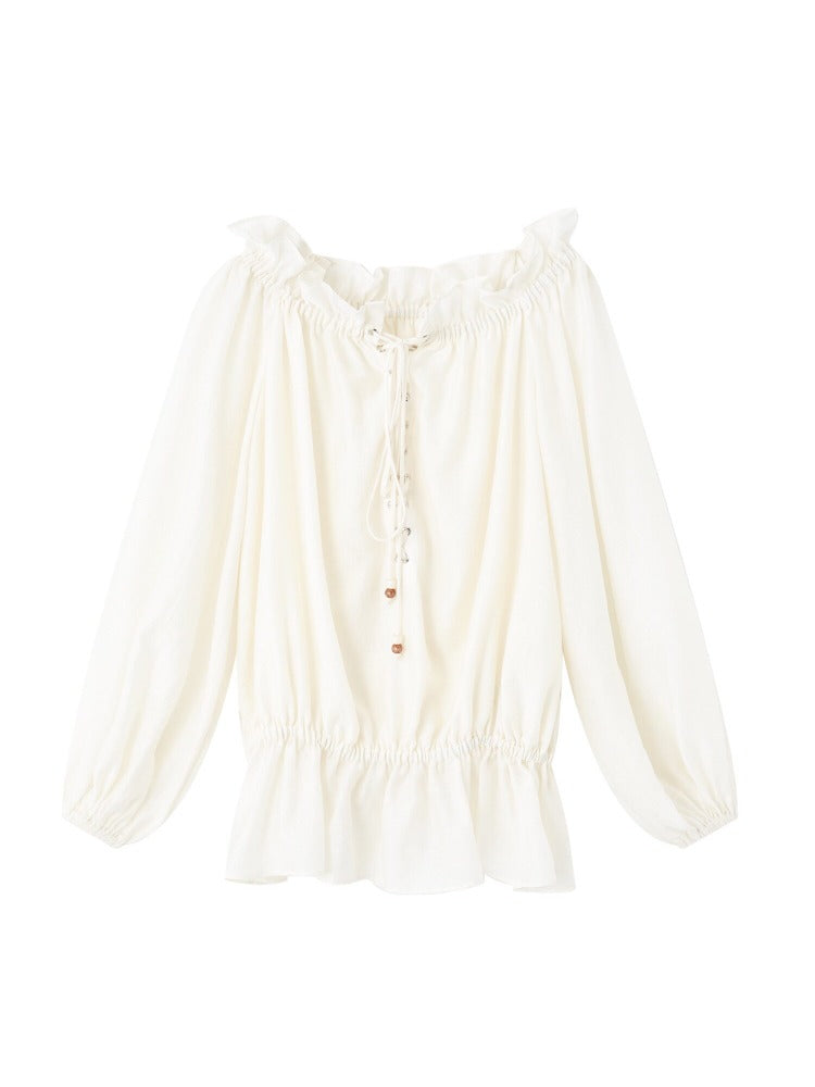 Off-Shoulder Tie Lantern Sleeve Shirt