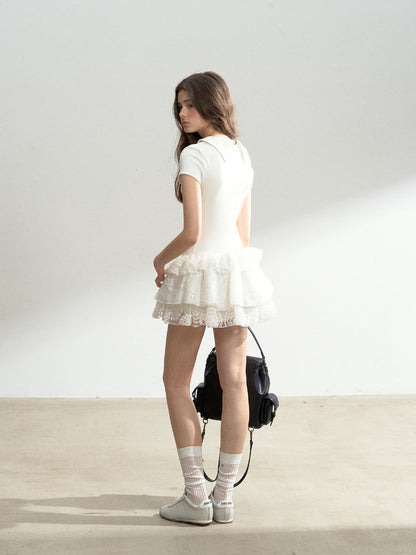 Multi-layer Lace Spliced Short-Sleeve Dress