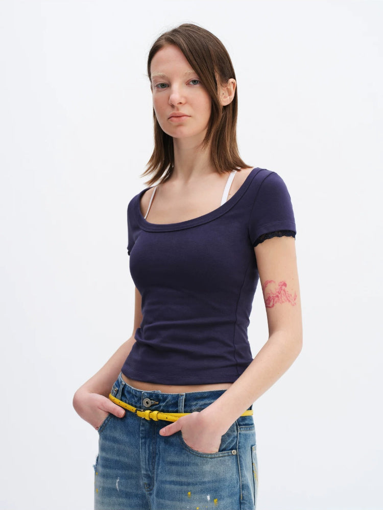 Lace Trim U-neck Tee