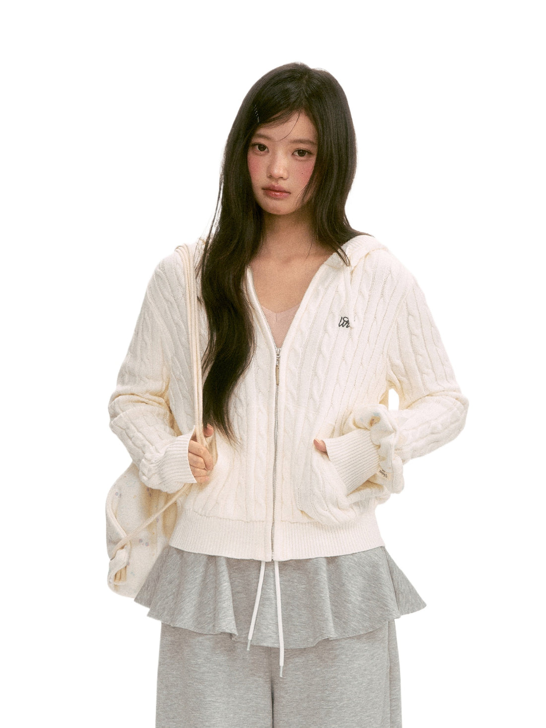 Apricot Cable Hooded Knit Cardigan