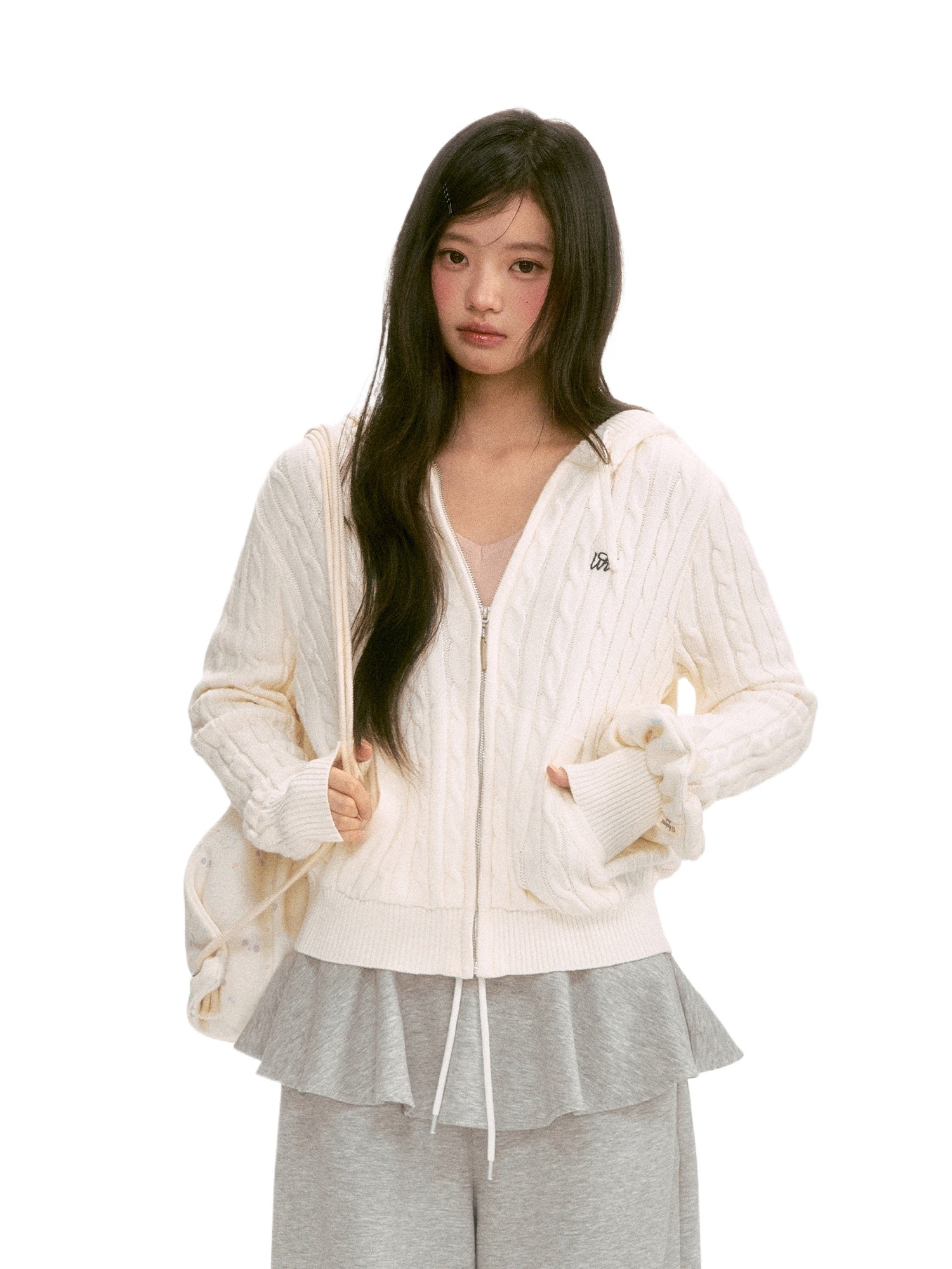 Apricot Cable Hooded Knit Cardigan