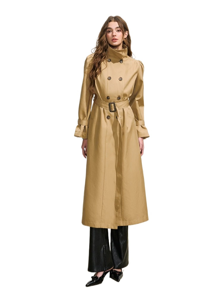 Khaki Puff-Sleeve Double-Breasted Long Trench Coat
