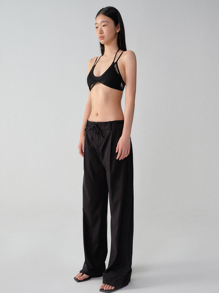 Black-Red Striped Cuffed Suit Wide-Leg Pants