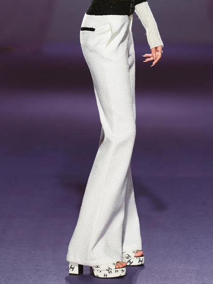 White Sequin-Trim Micro-Flare Pants
