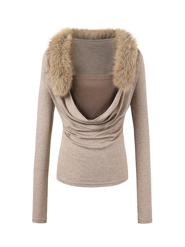 Oatmeal Fur Collar Knit Top
