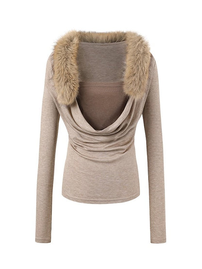 Oatmeal Fur Collar Knit Top