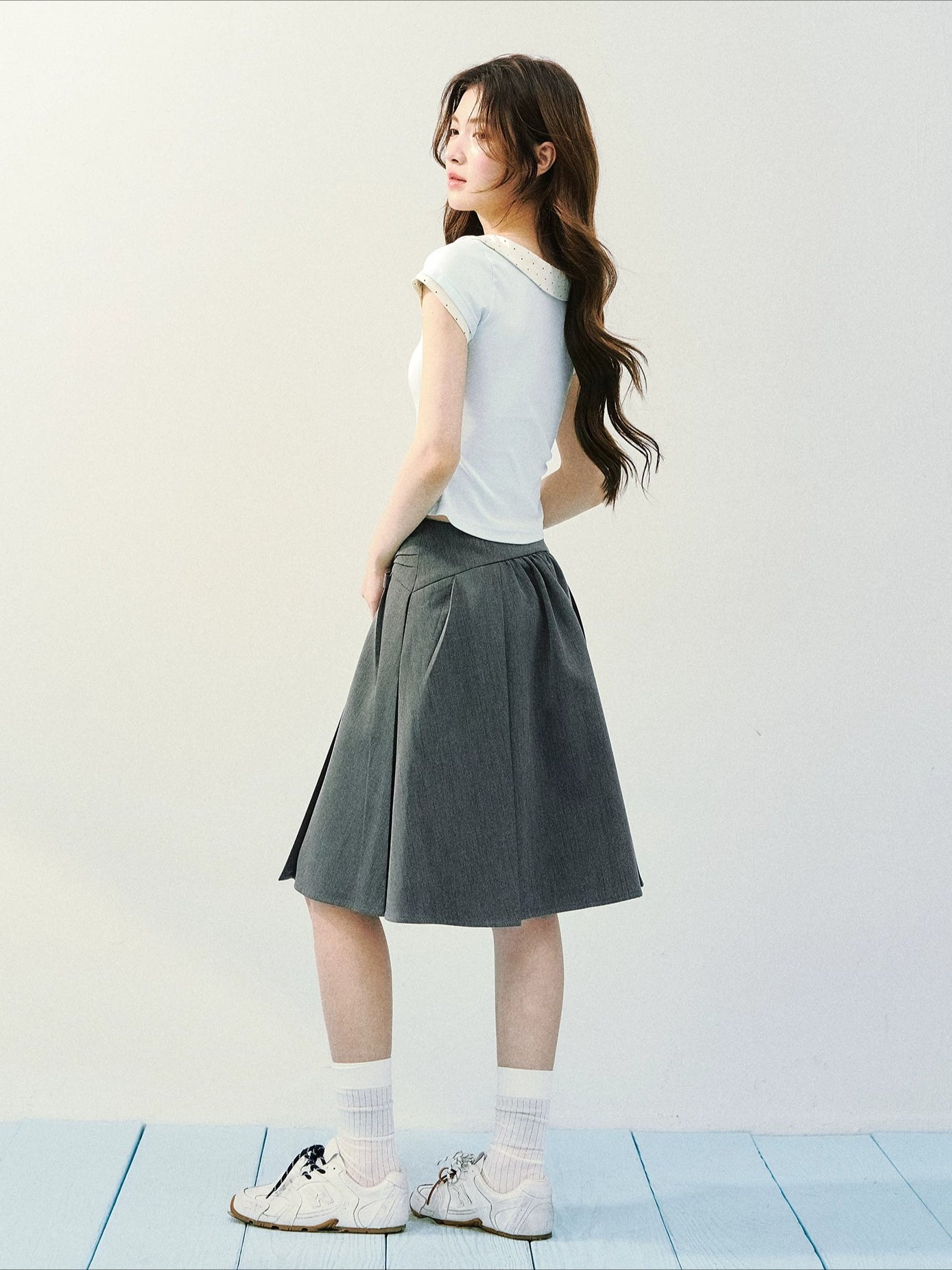 Gray Asym Pleat Midi Skirt
