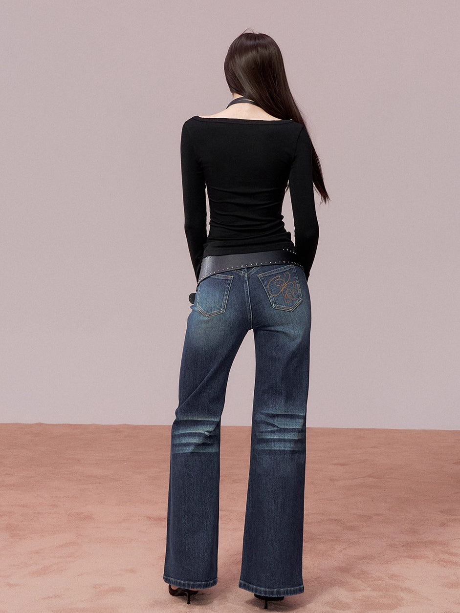 Studded Wash Straight-Leg Jeans