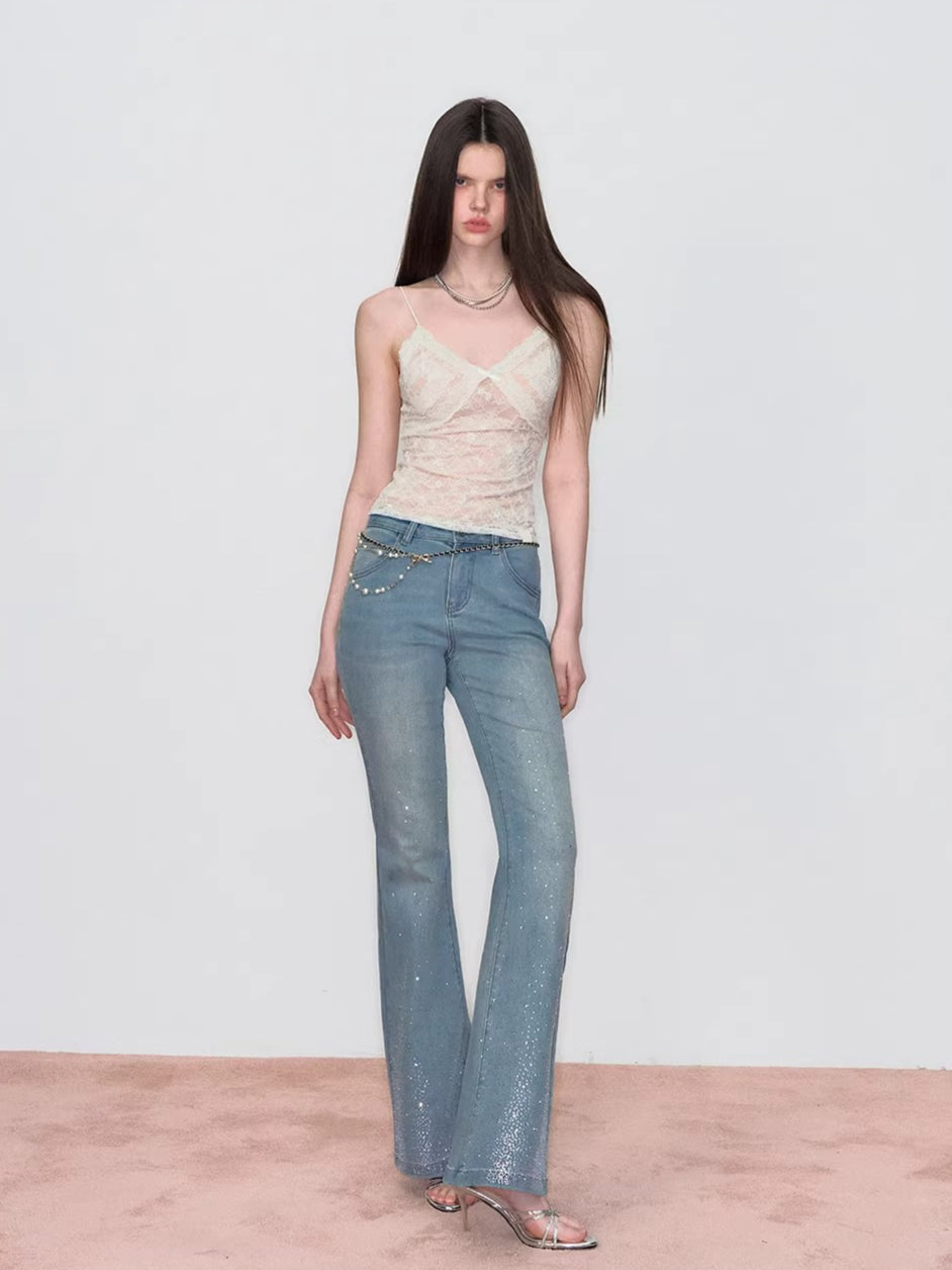 Embroidered Rhinestones Flared Jeans