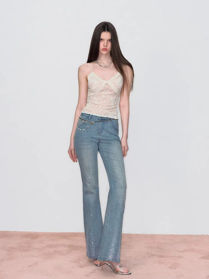 Embroidered Rhinestones Flared Jeans