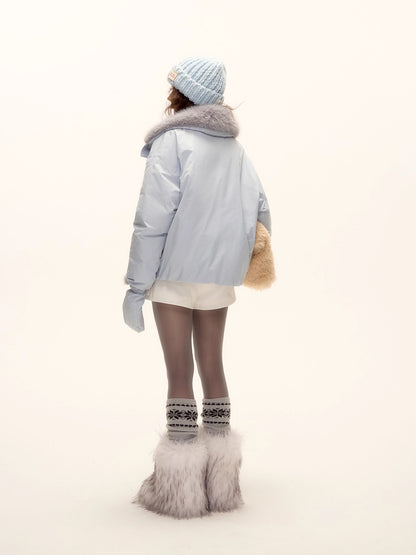 Detachable Fur Collar Short Down Jacket &amp; Gloves Set
