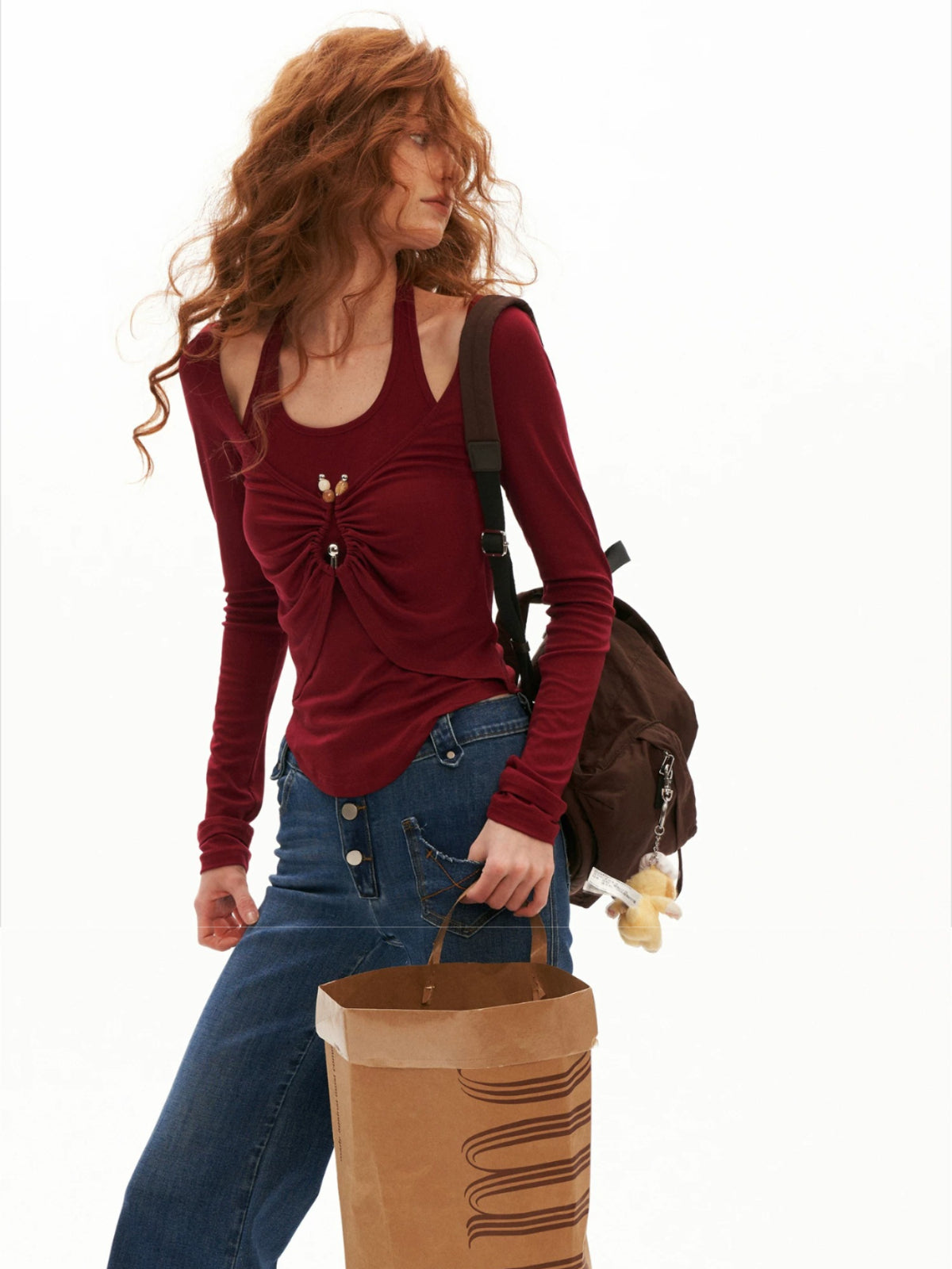 Halter Ruched Long Sleeve Top