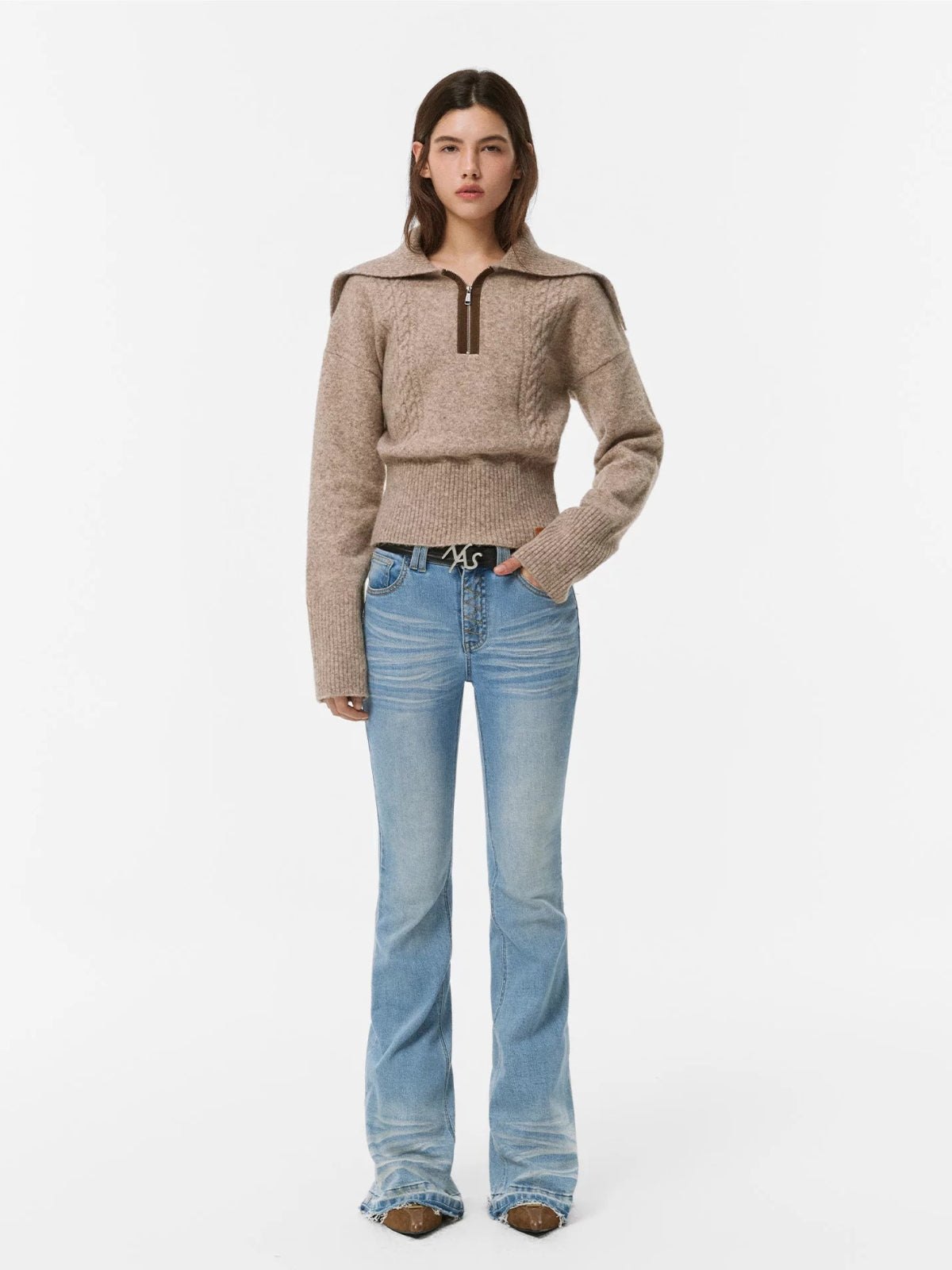Suede Trim Wool Blend Sweater