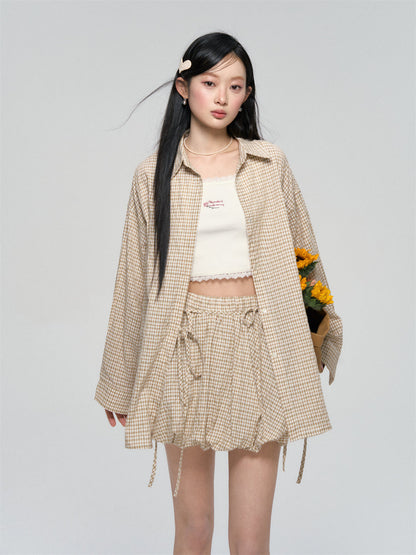 Khaki &amp; Black Retro Check Shirt &amp; Skirt Set