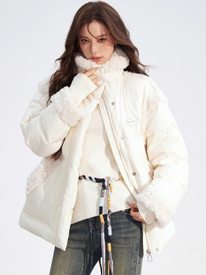 Shearling Patchwork White Down Puffer Jacket