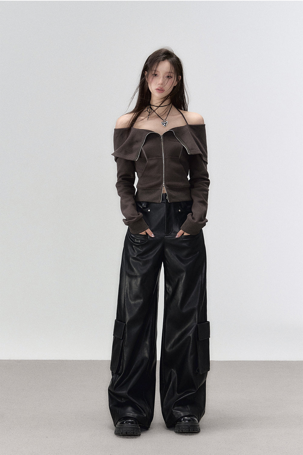 Black Rivet Straight Leather Pants
