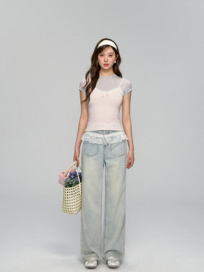 Fake Two Piece Lace Bow Short-Sleeve T-shirt